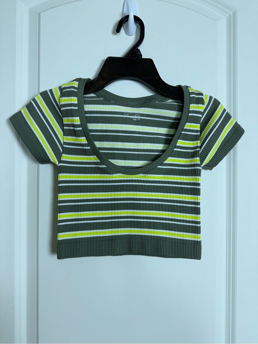 aerie Olive Green Striped Ribbed Crop Top with White & Yellow Accents